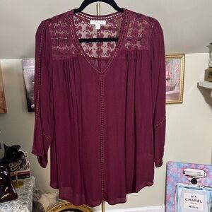 NWOT JohnPaulRichard Deep Burgundy Lace Bodice Boho Top 3/4 Sleeve Size M